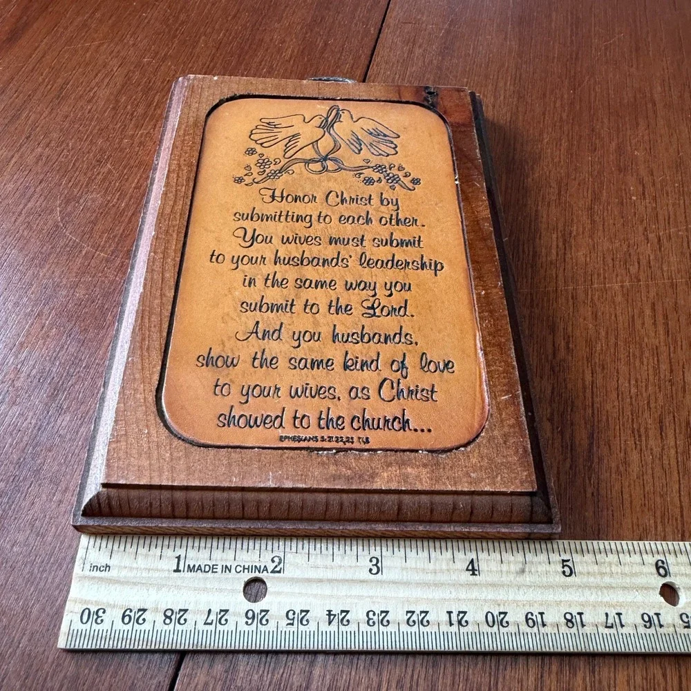 Vintage Wood Leather Ephesians 5 Bible Verse Marriage Wall Plaque Religious Art